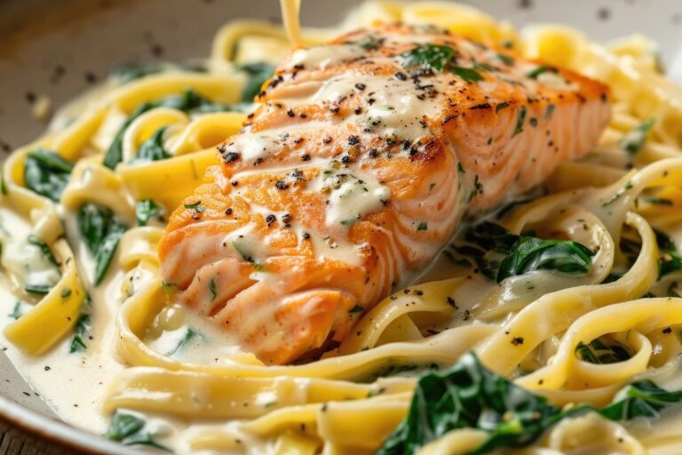 Pasta with salmon and white sauce recipe image